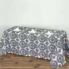 90-Inch x 132-Inch Black and White Rectangular Damask Flocked Taffeta Tablecloth