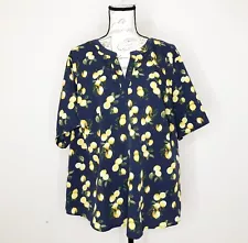 Jasmine & Juliana Blue Lemon Print Flowy Notch V Neck Short Sleeve Top size 2X