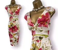 Karen Millen Ivory Pink Floral Oriental Obi Wiggle Pencil Occasion Dress UK 14