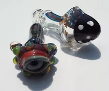 Two neat blown glass colorful Tobacco Pipes- Funky Eyeball and Mushroom Shape