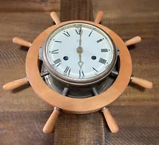 Vintage Schatz Ships Wheel Clock Brass Wood Made in Germany Battery Powered