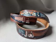 vintage HAND TOOLED buckle belt 42 cowhide WESTERN leather TRUCKER semi-truck