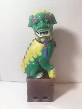 Foo Dog Statue Porcelain Chinese Fu Guardian Green Yellow 12"