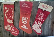 Vintage 1950s Style Flannel Merry Christmas Stocking X3 Santa Sleigh Snowman