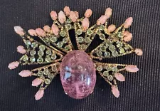 SCHREINER SIGNED BROOCH Pink Gumdrop Cabochon With Green And Opalescent Stones