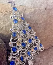 Blue rhinestone aurora borealis Silvertone Christmas tree vintage brooch *SALE