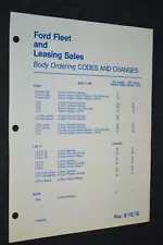 1976-77 FORD BODY ORDERING CODES AND CHANGES ORIGINAL DEALER ONLY SALES SHEET 77 (For: 1976 Ford Elite)