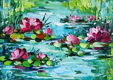 original oil painting Water Lilies Pond artwork Floral landscape wall art 5*7 in