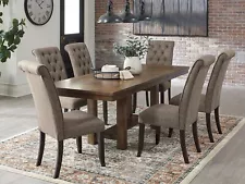 ON SALE - 7pcs Modern Farmhouse Brown Finish Dining Room Table & Chairs Set IC02