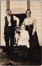 Vintage 1910s RPPC Real Photo Postcard Family and Small Dog on House Porch