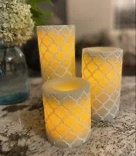 Set Of 3 Flameless Pillar Candles Gray Lattice Design Graduating Heights -Timers