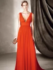 Pronovias Cisne Goddess Plunging Neckline Red Chiffon Dress Gown 6P