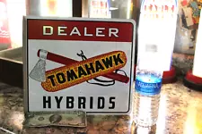 RARE 1950s TOMAHAWK HYBRIDS SEED FEED DEALER 2-SIDED PAINTED METAL FLANGE SIGN