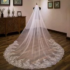 Cathedral Length Swiss Tulle Sequined Ivory Wedding Veil Lace With Metal Comb