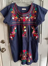 Mexican Dress Folk Blue Colorful Floral Embroider Short Sz L Hispanic Latino