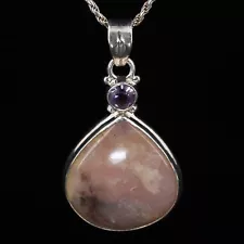 Sterling Silver Amethyst & Pink Jasper Agate Teardrop Pendant 20" Necklace - 15g