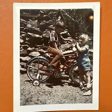 VINTAGE POLAROID PHOTO Schwinn Bike With Training Wheels, Bicycle Tricycle