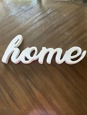 HOME White Distressed Wood Art Sign Decor Wall Hanging Cursive Script LARGE