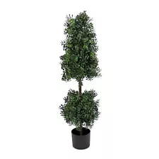 Artificial Potted Shrub, Green, Boxwood Cone and Ball Topiary, Includes Black...