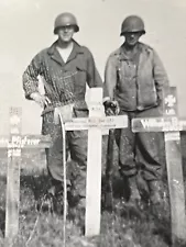 US Military Soldiers at Grave Markers in France WWII Snapshot Photograph 1944