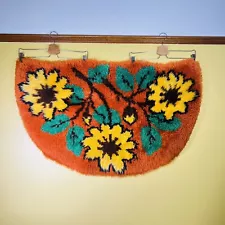 Vintage 1970s Bath Mat Rug Shaggy Floral Half Circle Rust Red Green Yellow Large