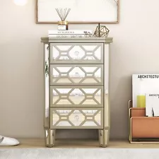 Elegant Mirrored 4-Drawer Chest with Golden Lines