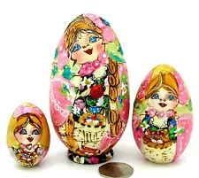 Russian Nesting Dolls Matryoshka PINK EGG Pyrography 3 Mamayeva signed SMALL