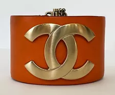 CHANEL ORANGE LEATHER WIDE 18C GREECE GOLD METAL CC CUFF BRACELET M