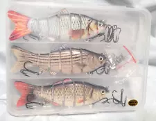 3 Multi Jointed Fishing Lure Pike, Bass Crank Minnow bait Life Like w/ extras