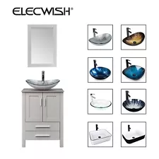 24" Modern Bathroom Vanity Cabinet Vessel Sink Set w/ Drawer Mirror Faucet Drain