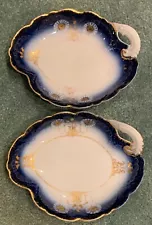 Antique Lot of Two Flow Blue Vegetable China Dishes With Gold Deciration