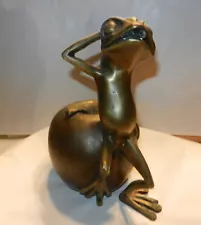 Vintage Bronze Frog Spitter Water Posing w Apple Brass Pond Fountain Unique RARE