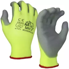 WOLF Work Gloves High-Viz Green Ultra-Thin PU Palm Coated Multi-Purpose 12 Pairs