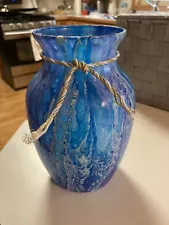 Hand-painted Glass Vase With Epoxy Resin Finish Shades Of Blue/White 7.25 X 5”