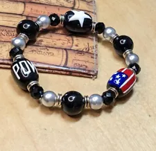 POW MIA Bracelet Black American Flag Handmade Beaded Stretch Bracelet