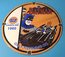 Vintage Gulf Gasoline Sign - Batman Robin Porcelain Gas Pump Sign