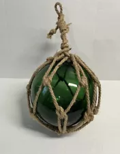 Green Handblown Glass Ball Buoy Rope Wrapped Fishing Float Nautical Decor