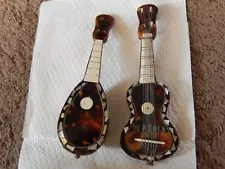 Vtg FAUX Tortoise Shell Miniature MANDOLIN AND GUITAR Mother Of Pearl Details 5”