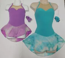 ICE SKATE DANCE DRESS SKIRTED LEOTARD Glittered over 20 available Aqua or Orchid