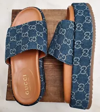 Gucci Women's Angelina Platform Slide Sandals GG Denim