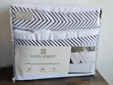 Brand New Hotel Vitality 6pc Queen White With GrayChevron Embroidered Trim