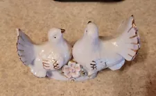 Porcelain 2 White Turtle Doves Statue with Gold Trim