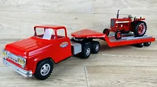 Tonka Toys Red Metal Truck and Flatbed Trailer Hauling International 544 Tractor