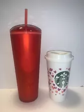 Starbucks Set/2 Valentines Tumbler 2022 Hearts Dome Cup 24oz/16.8oz Cup W/heart