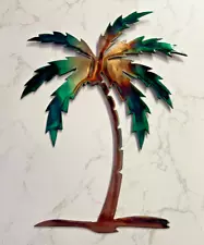 Palm Tree Metal Wall Art Décor 20" tall Left Facing Marbled Green copper/Bronze