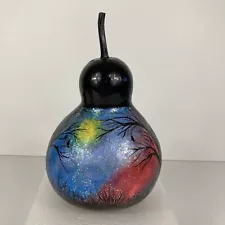 Handpainted Gourd Black Midnight Scene Birds Trees Glitter Spooky Seeds Rattle