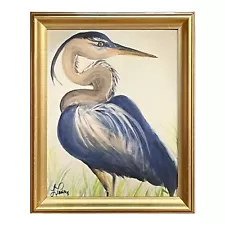 Great Blue Heron bird watercolor print framed in 9.5”x 11.5” gold wooden frame