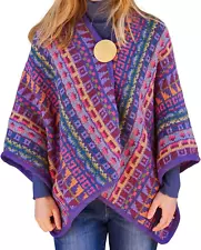 SALE Pachamama Purple Wool Knitted Festival Poncho Wrap + Wood Brooch Fair Trade