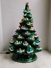 Vintage 1970's Green Ceramic Snow Capped Lot Lights Bulbs Christmas Tree 18"