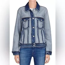 7 for All Mankind Inside Out Classic Jacket Blue Denim Jean Frayed Size S